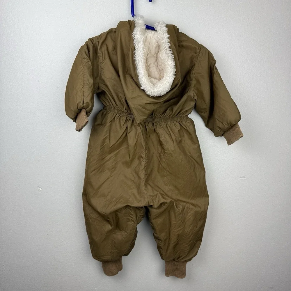 VTG Sears Toddler Snowsuit Brown Cat Embroidery Dual Zipper Faux Fur Hood 24–30M